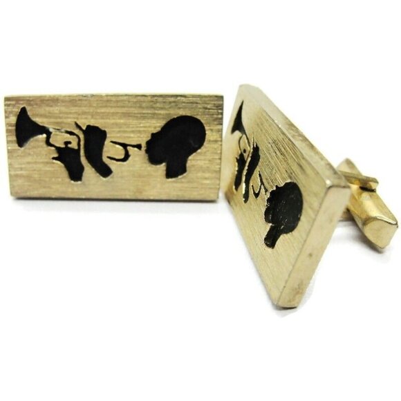 Trumpet Player Rectangle Gold Tone & Black Cufflinks Tux Shirt Suit Vintage - Picture 1 of 10